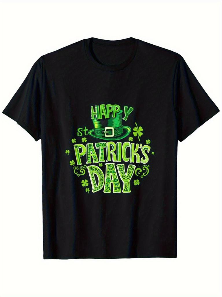 Happy St Patricks Day Graphic Tee Men's Black Crew Neck Casual Cotton T-Shirt Daily Wear