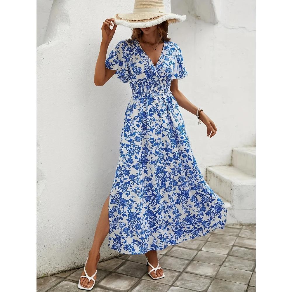 

Женское платье в стиле бохо с V-образным вырезом и коротким рукавом, удобная пляжная юбка, повседневное, сексуальное, синее, весеннее, новое XL синий