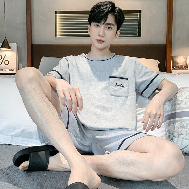 Men Pajamas Set Summer Short-sleeves Sleepwear Casual Cotton Sleepwear  Men Nightwear Shorts Pyjama Homme