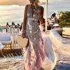 Deep V Neck Sleeveless Waist Tight Flowy Hem Sexy Dress Women Bronzing