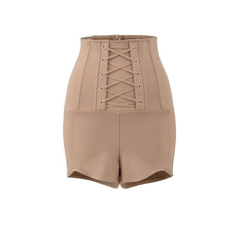 

Women s High-Waisted Khaki Herringbone Lace-Up Shorts, Autumn/Winter, Waist-Cinching, Hip-Enhancing, Sexy Bodycon Hot Pants Small хаки
