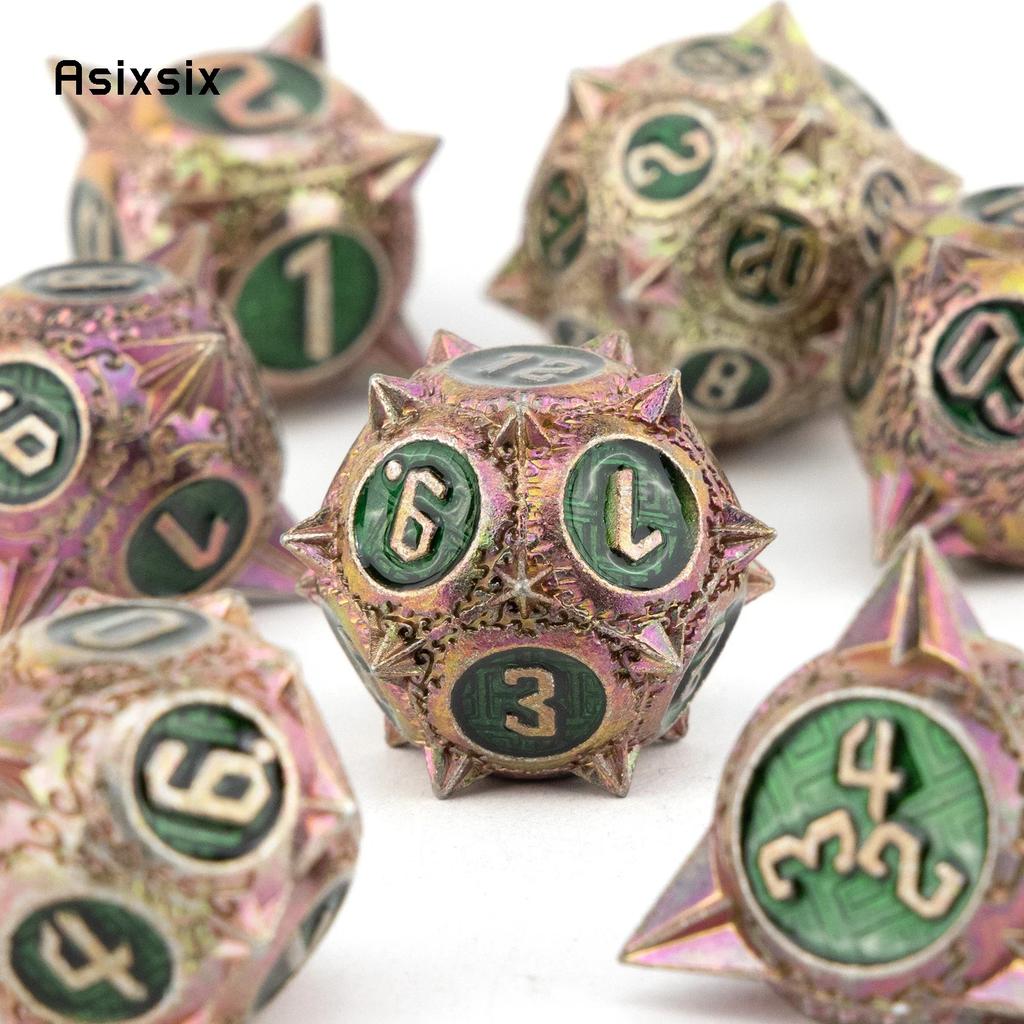 7 Pcs Red Green Meteor Hammer Metal Dice Solid Metal Polyhedral Dice Set Suitable For Role-Playing Dice PropBoard Game Gift