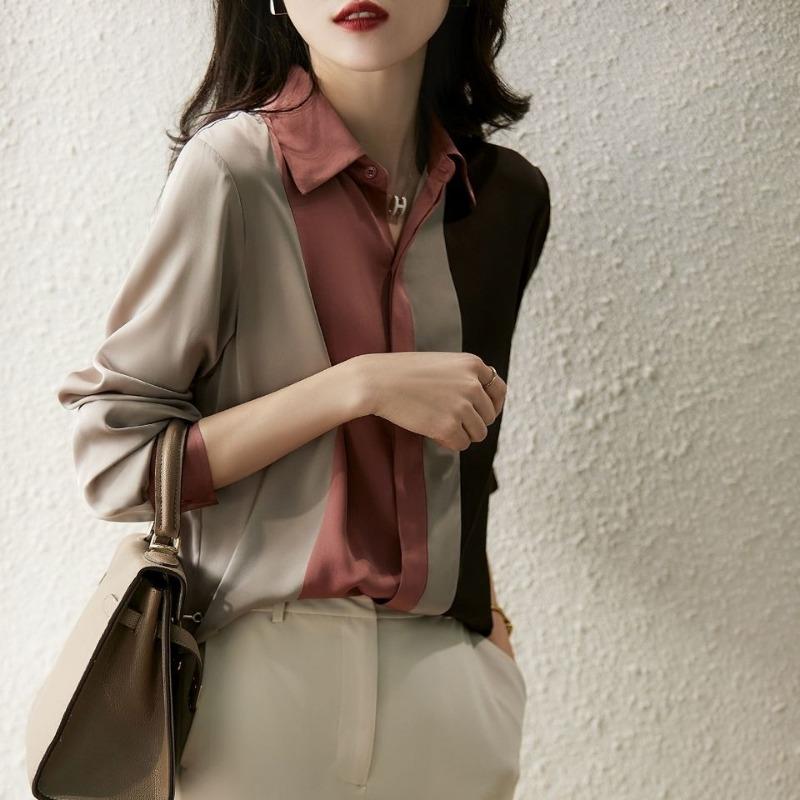 Color-blocked Long-sleeved Shirts for Women Spring and Autumn New Loose-fitting Chiffon Shirts Professional Tops