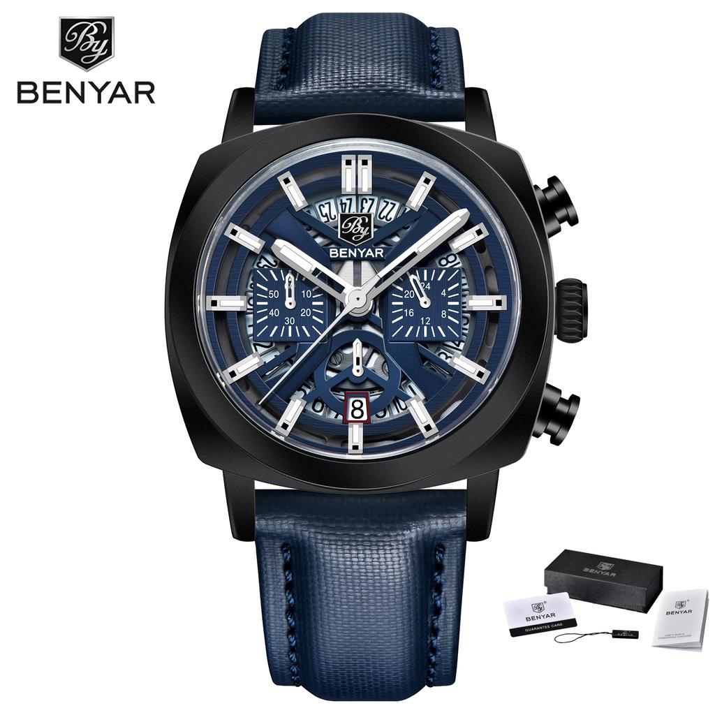 Benyar5205 New Men's Quartz Watch 43mm Luminous Dial 50m Water-Resistant Anti-Reflective Chronograph Fashionable Timepiece