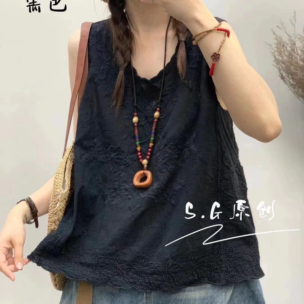 Summer new product literary embroidery cotton vest T-shirt sleeveless bottoming top women's thin outer wear thin suspenders