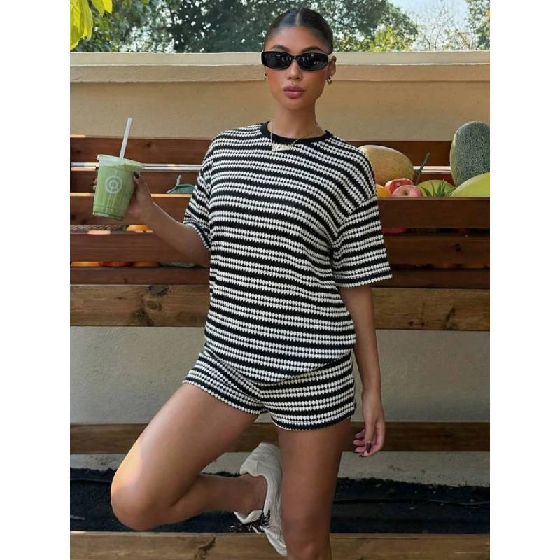 Summer Casual Striped Short Sleeve Tshirt And Shorts Lounge Set For Women
