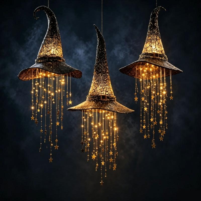 Hat Halloween Hanging Piece with Warm LED Light and Hanging Star for Porch Window Entryway Seasonal Accent Display Piece