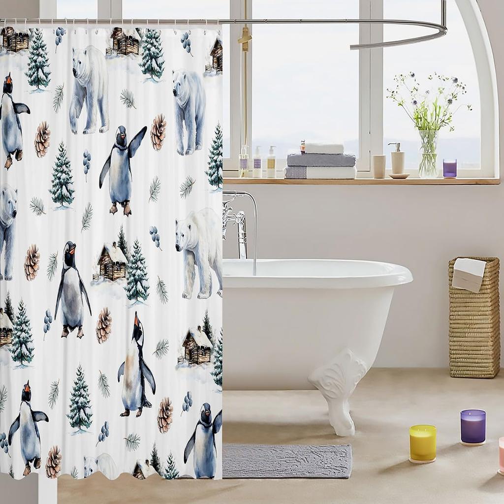 Erosebridal Penguin Polar Bear Shower Curtain,Rustic Cabin Lodge Kids' Shower Accessories,Kawaii Polar Animal Bathroom Shower Cu