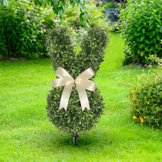 Easter Bunny Topiary Tree Garden Stake Rabbit Shaped Artificial Topiary with Bow Indoor Outdoor Porch Easter Holiday Party Decoration