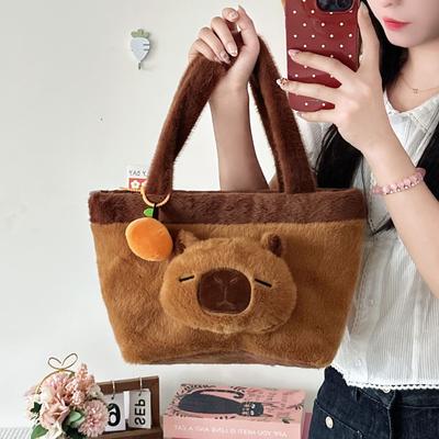 Kapibara Plush Doll Tote Bag New Cartoon Orange Capybara Student Storage Zipper Handbag