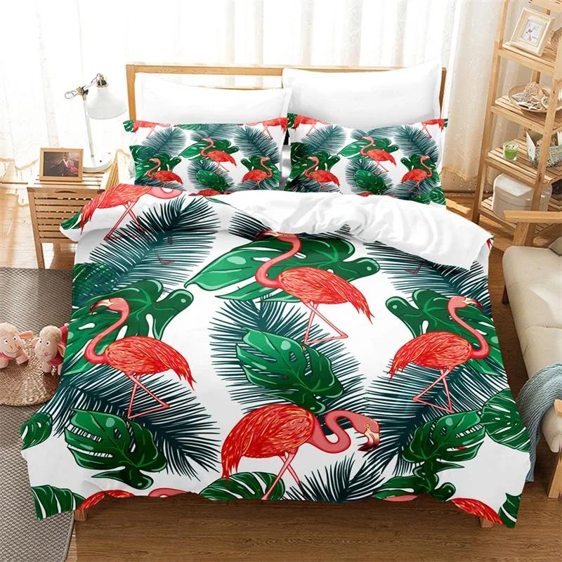 Flamingo Bettbezug Tropische Palmenblätter Bettwäschebezug Polyester 3D Blumiges Bettwäsche-Set Twin King Für Mädchen Jungen Zimmerdekor