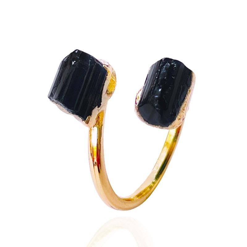 

Irregular Rough Stone Open Ring for Women Gold-color Plated Raw Tourmaline Finger Jewelry Black Tourmaline Resizable 1