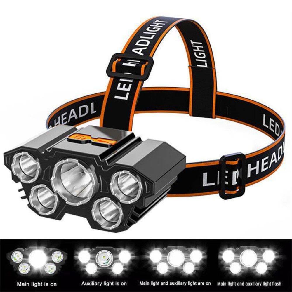 LED Strong Light Five Headed Outdoor Waterproof Fishing Light USB Rechargeable Ultra Bright Head Mounted Flashlight