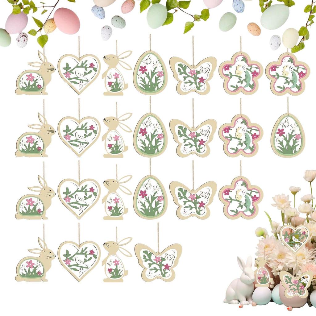 24pcs Easter Wooden Rabbit Decorations Easter Bunny Spring Ornaments With Ropes For Indoor Porch Wall Window Fireplace