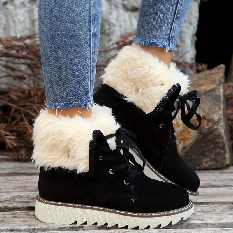 Women's Fleece-Lined Winter Boots with Plush Collar - Lace-Up Round Toe Flat Sole Ankle Bootie