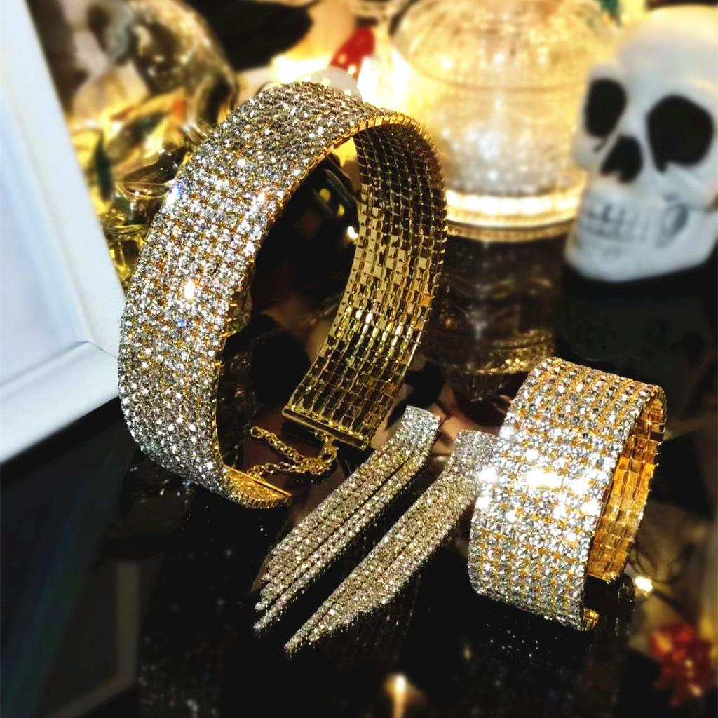 Collar three-piece luxury high-end multi-row rhinestone necklace, earrings, bracelet, fashion bridal jewelry, dress accessories