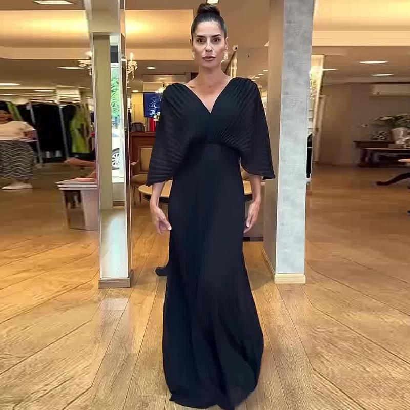 Women's Solid V Neck Batwing Half Sleeve Pleated Maxi Dress High Waist Formal Evening Gown XS-3XL