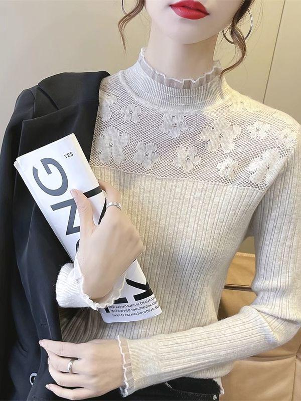 Women's Lace Top: Spring & Fall 2024 Long-Sleeve Knitted Sweater Pullover