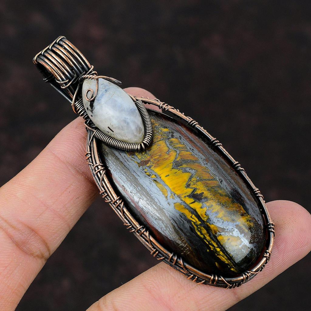 Iron Tiger Eye Pendant Copper Wire Wrapped Gemstone Pendant Rainbow Moonstone Pendant Copper Jewelry Handmade Brand New Pendant Gift For Mom