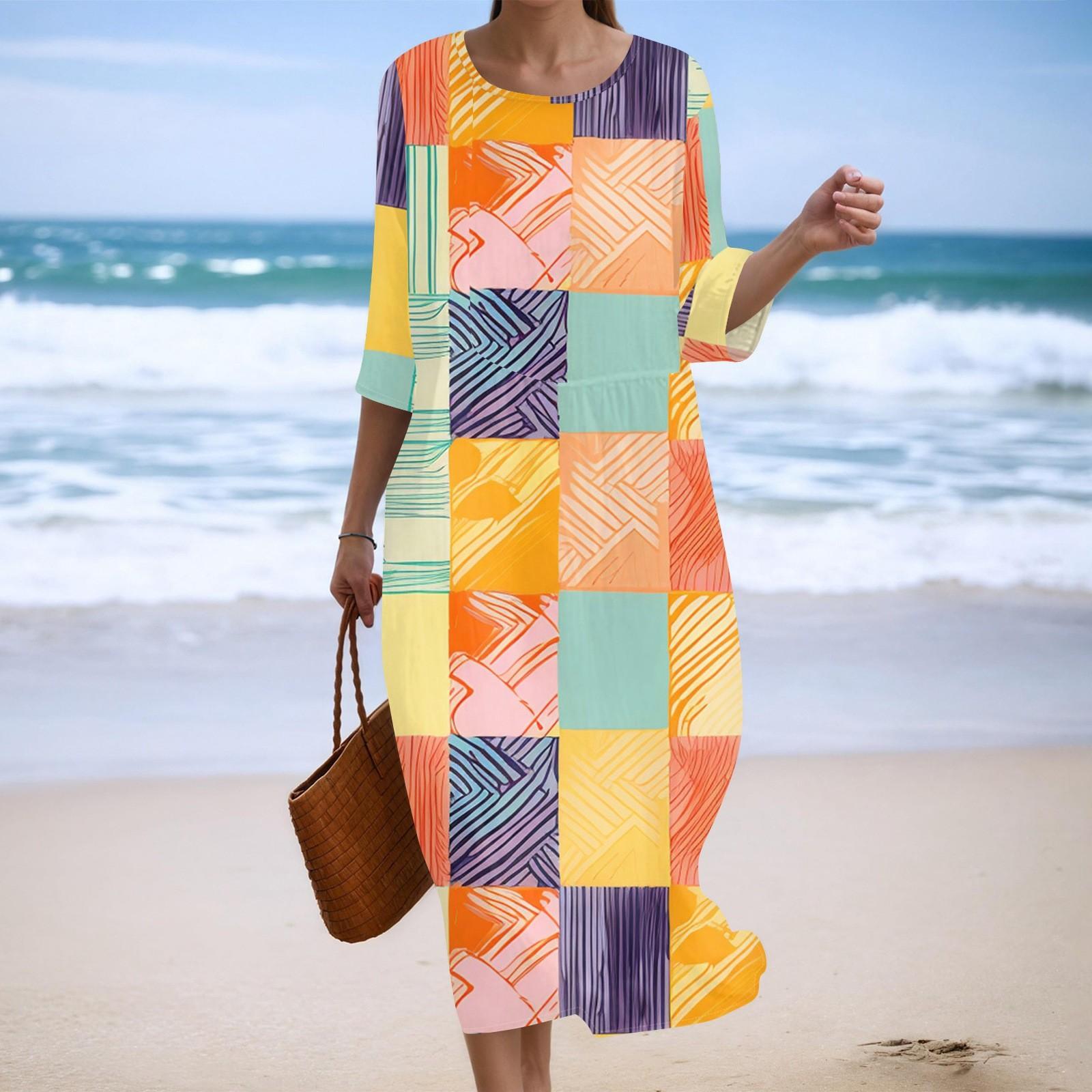 

Женское модное платье свободного кроя с принтом, круглым вырезом и рукавом три четверти XL