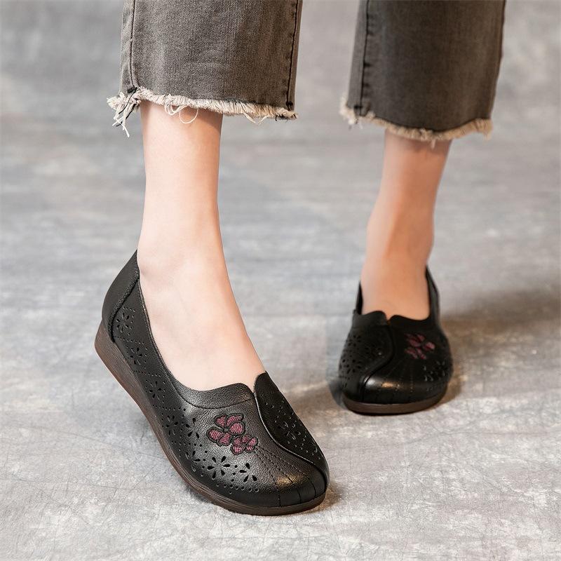 Fashion GKTINOO Summer New Genuine Leather Mom Sandals Flat Non slip Hollow Shallow Breathable Casual Shoes Elderly Sandals