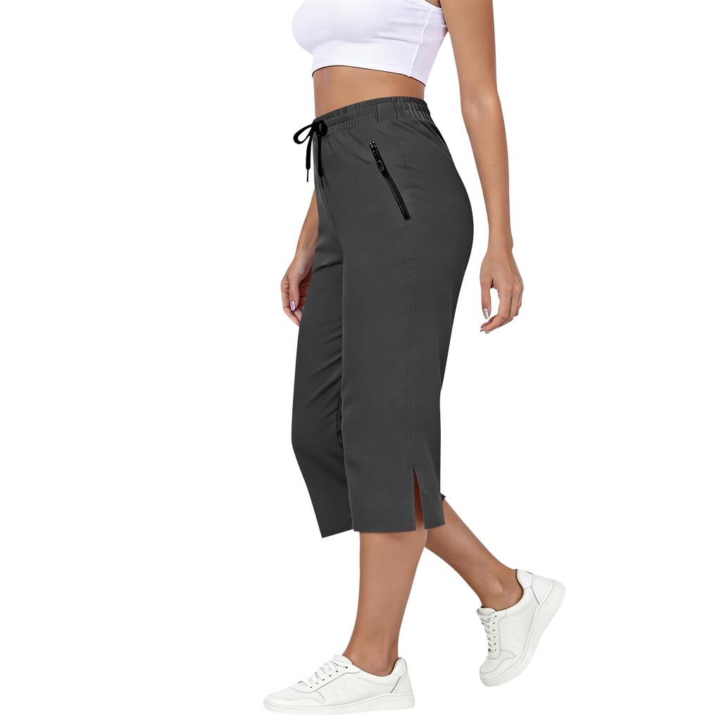 Women Drawstring Elastic Waist Capris Pants with Side Pockets Loose Fit Lightweight Cropped Trousers for Daily Wear