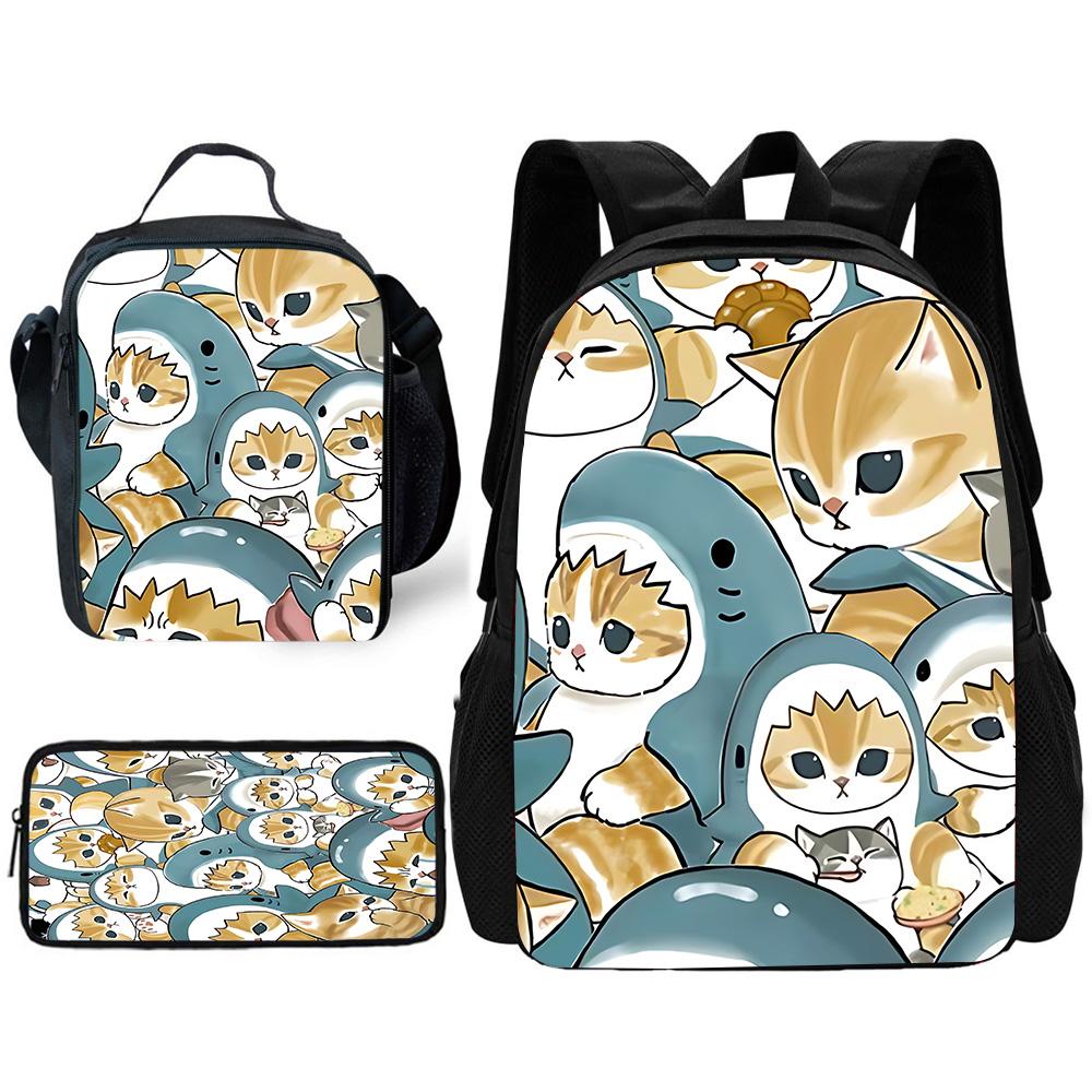 Kind School Grappige Kat M-mofusands-Rugzak met Lunchtassen, Etui, Schooltassen voor Jongens Meisjes Beste Cadeau