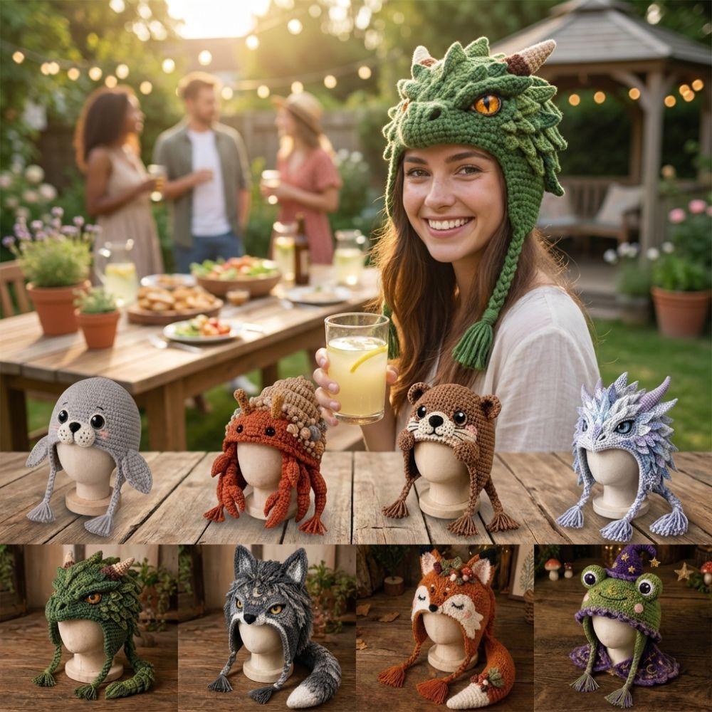Weiches Garn DIY Handgehäkeltes Hut-Set Warmer Drachen Wolf Frosch Hut Party Cosplay