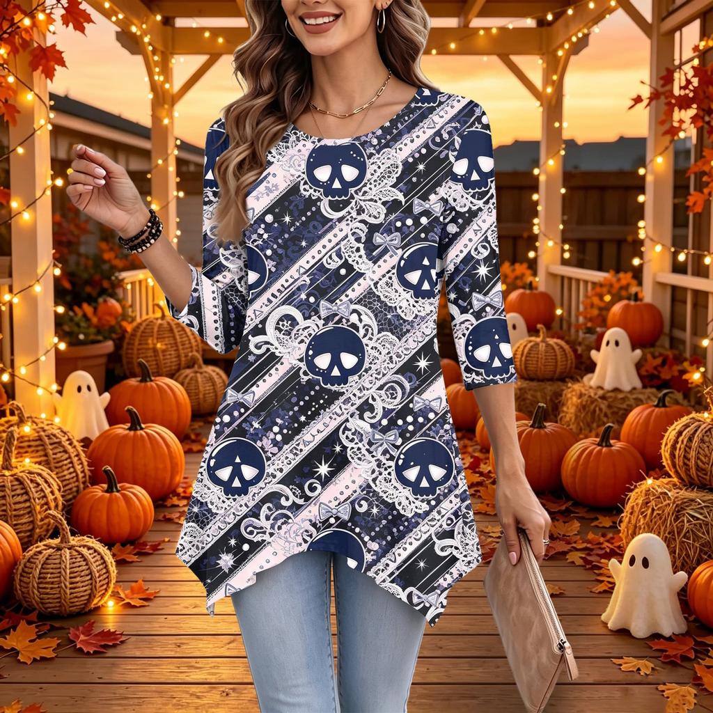 Women's Casual Halloween Print Top, Loose Fit Three-Quarter Sleeve