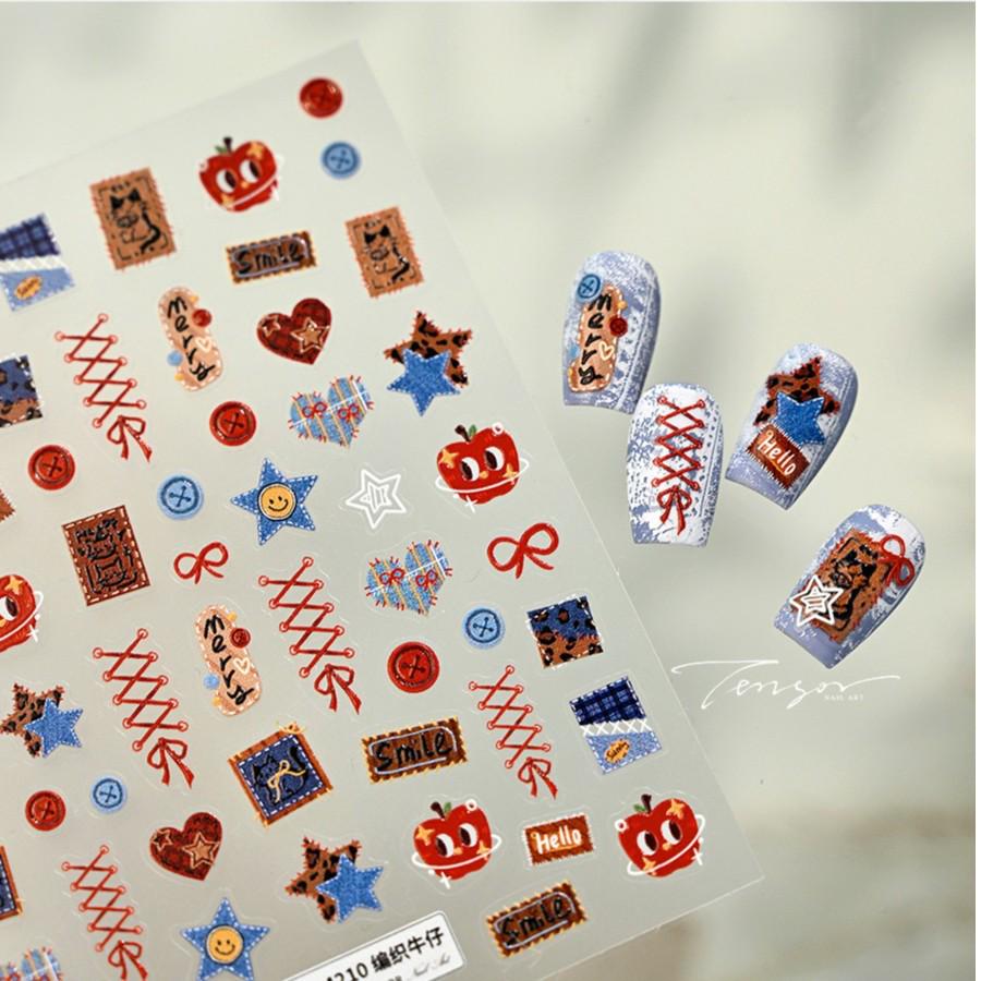 

Denim-Themed Nail Art Stickers: Retro Heart & Star Adhesive Decor. Sweet Cool Denim Heart Star [1 sheet]
