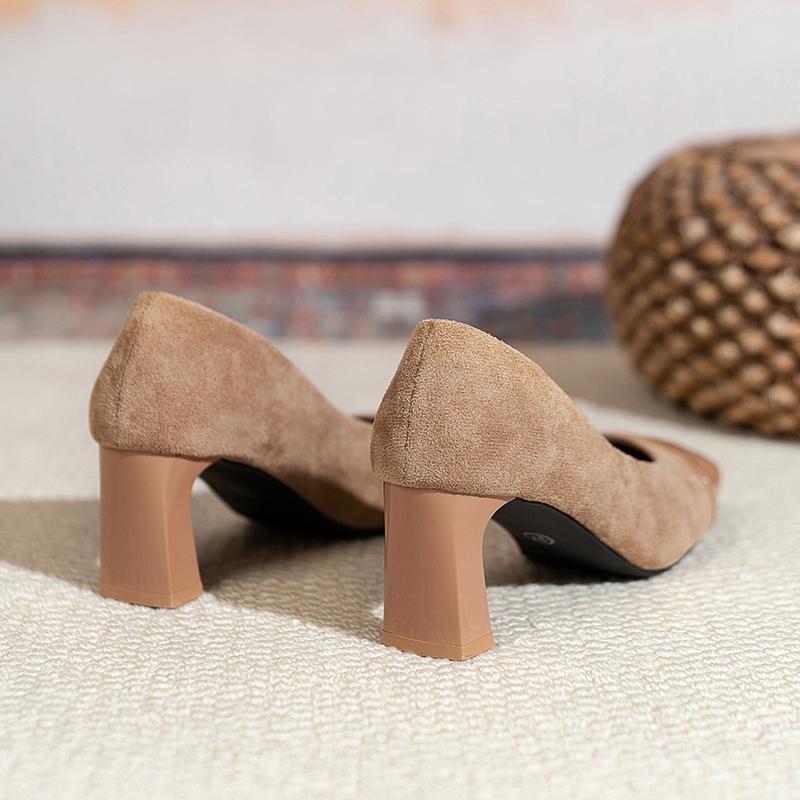 Fashion Square Toe High Heels Women's 2025 New Brown Temperament Light Mouth Color Block Commuter Versatile Block Heel Single Shoes