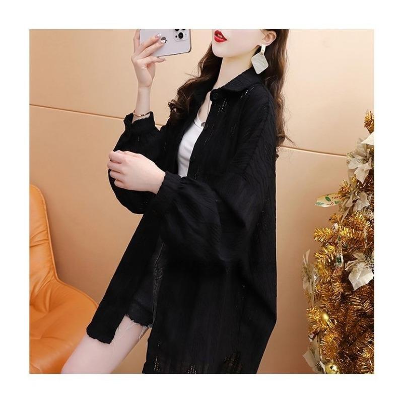 Women Loose Hollow Out Thin Breathable Casual Sunscreen Long Sleeve Shirt Outerwear