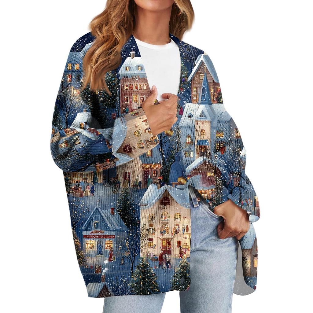 Women's Fashion Long Sleeve Print V-Neck Button Loose Cardigan Top