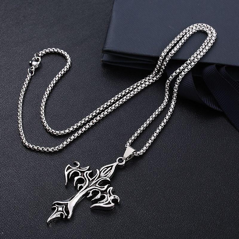 Fashion Vintage Flame Cross Pendant Necklace For Women Men Hip Hop Punk Personality Sweater Chain Jewelry Gift