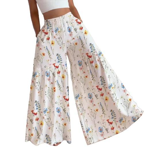 

Women Trousers Elastic Waist Floral Print Splicing Design Wide Leg Long Trouser with Pockets Travel Work School Daily Wear L