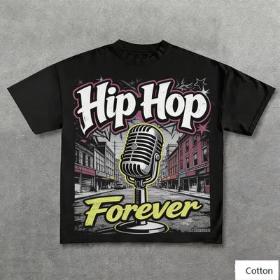 Oversized Black Cotton TShirt with Bold Hip Hop Forever Mic Graphic Unisex Streetwear Tee for Unisex and Women