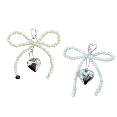Handmade Bowknot Ribbon Keychain with Silver Heart Imitation Pearls Keyring Fashionable  Accessory for Fashion Lovers