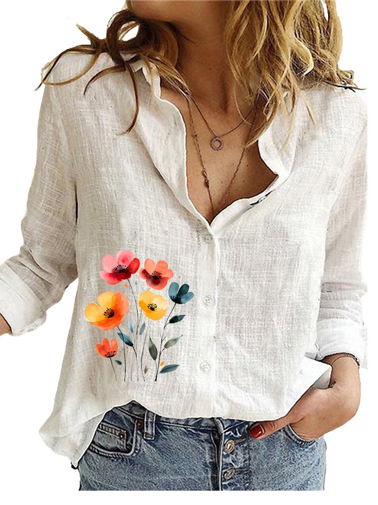 Women Fashion Cotton Linen Blouse Ladies Casual Loose Top Ladies Print Long Sleeve Shirt