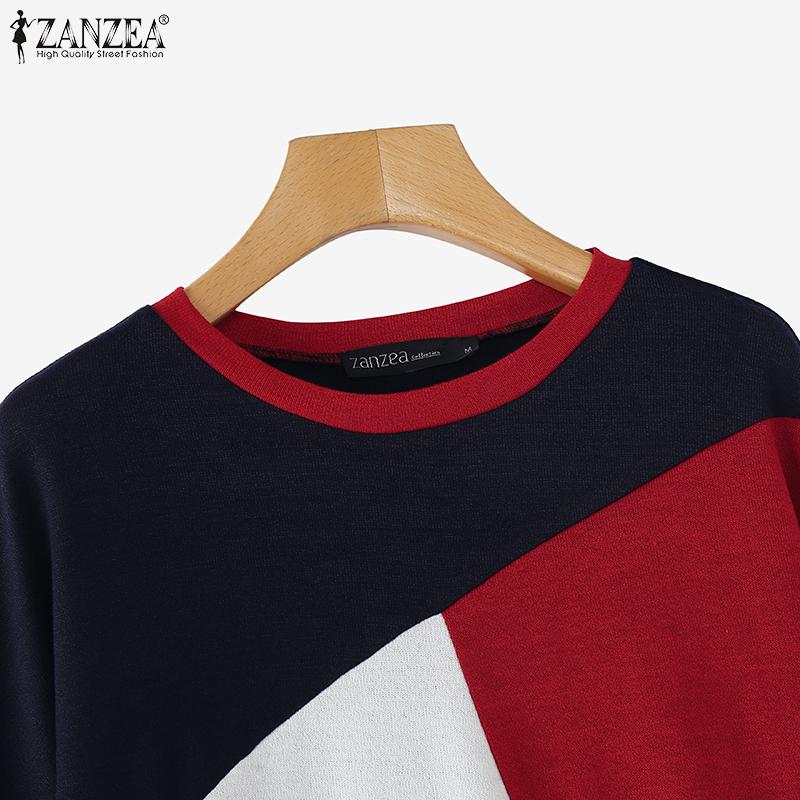 ZANZEA Women Casual Round Neck Long Sleeve Color Block T-Shirts