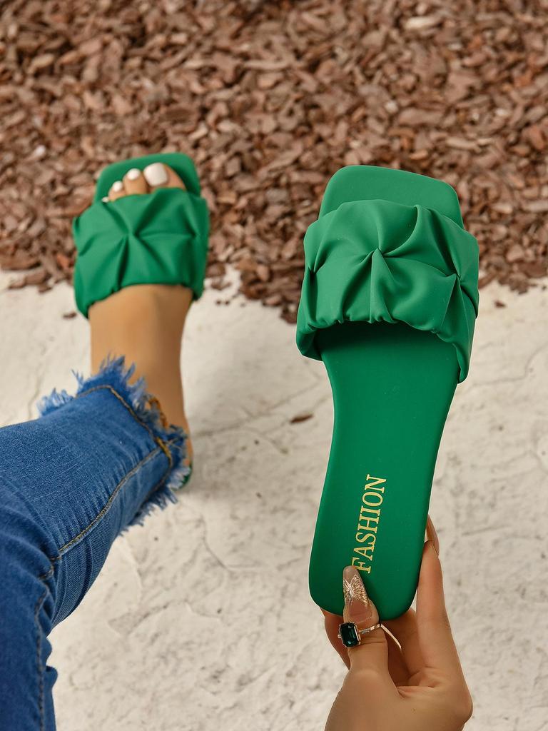 Women's Plus Size 2025 Summer Casual One-Strap Pleated Flat Slippers - Fashionable & Comfortable