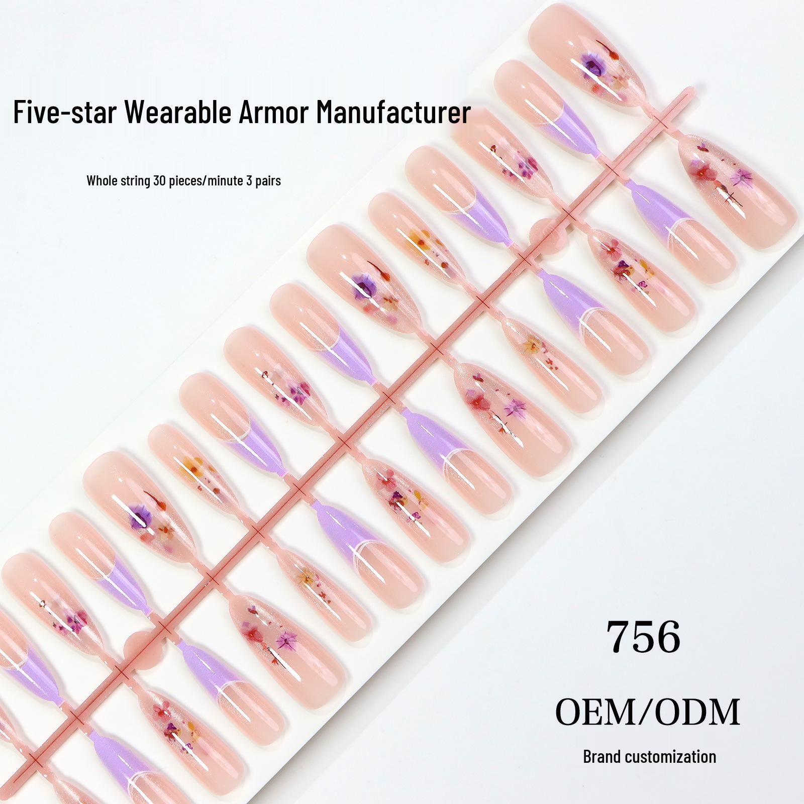 French Almond Cat Eye Press-On Nails with Rhinestone & Floral Design