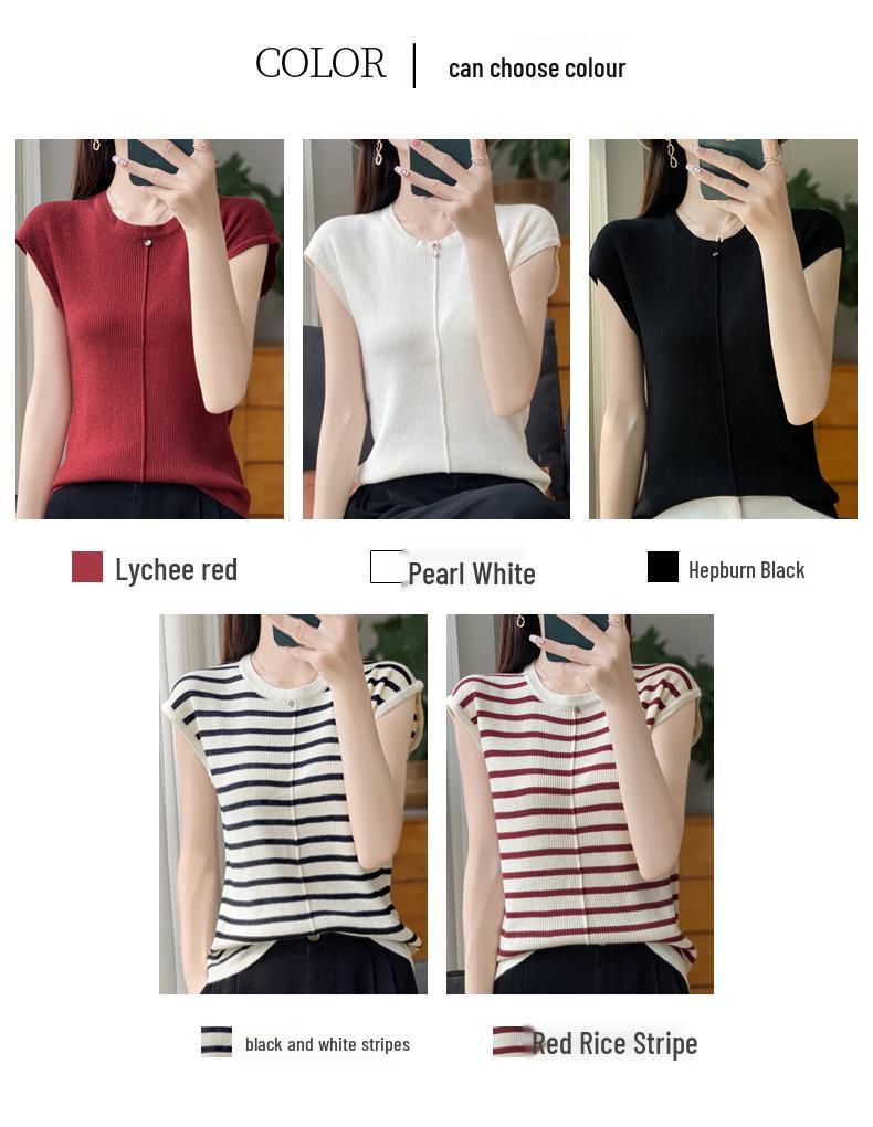 Merino Wool Women's Short Sleeve Round Neck Knit Top with Center Seam