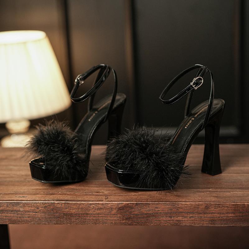 Pantofi de vară la modă, sexy, cu vârf pătrat, cu cataramă de păr, caise, negri, cu toc gros, sandale cu toc înalt, pantofi de petrecere pentru femei, pantofi de nuntă