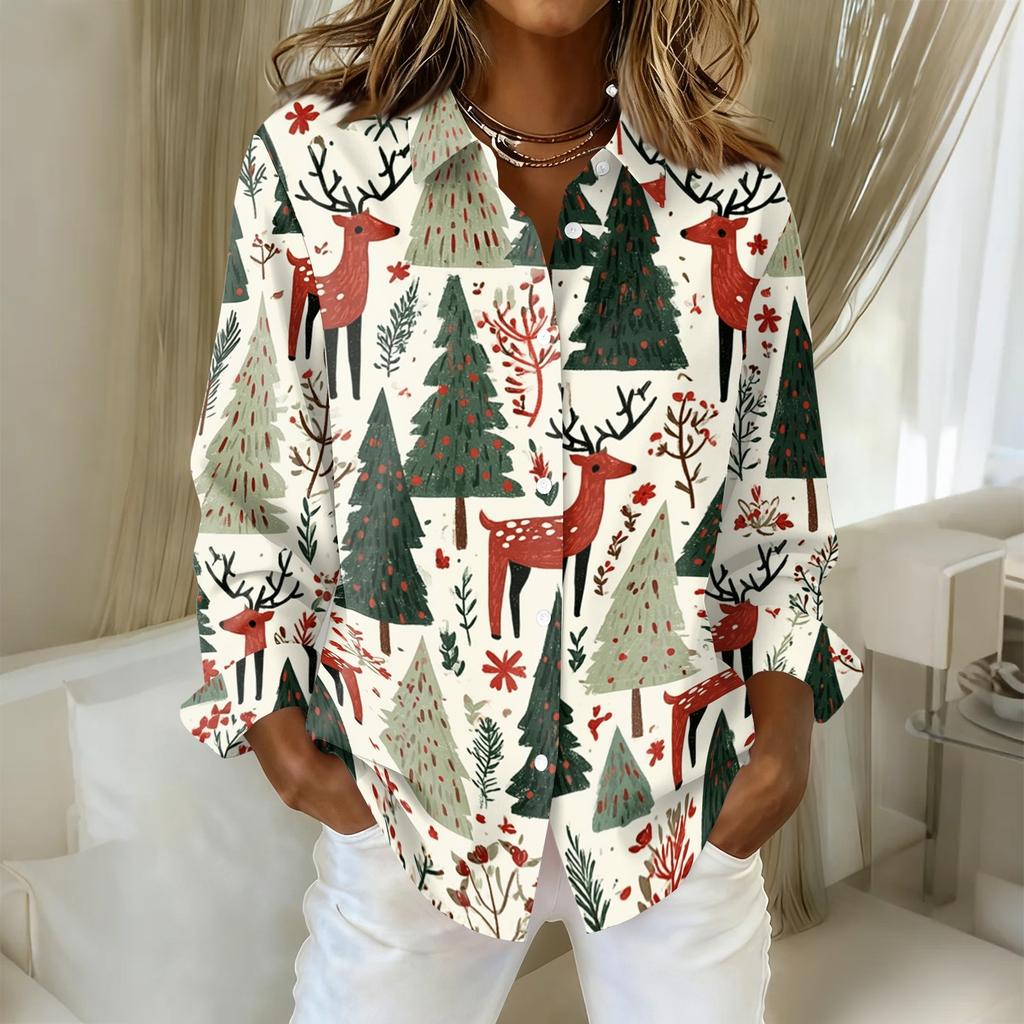 Women's Casual Christmas Print Long Sleeve Cardigan Top for Holiday Festive Wear