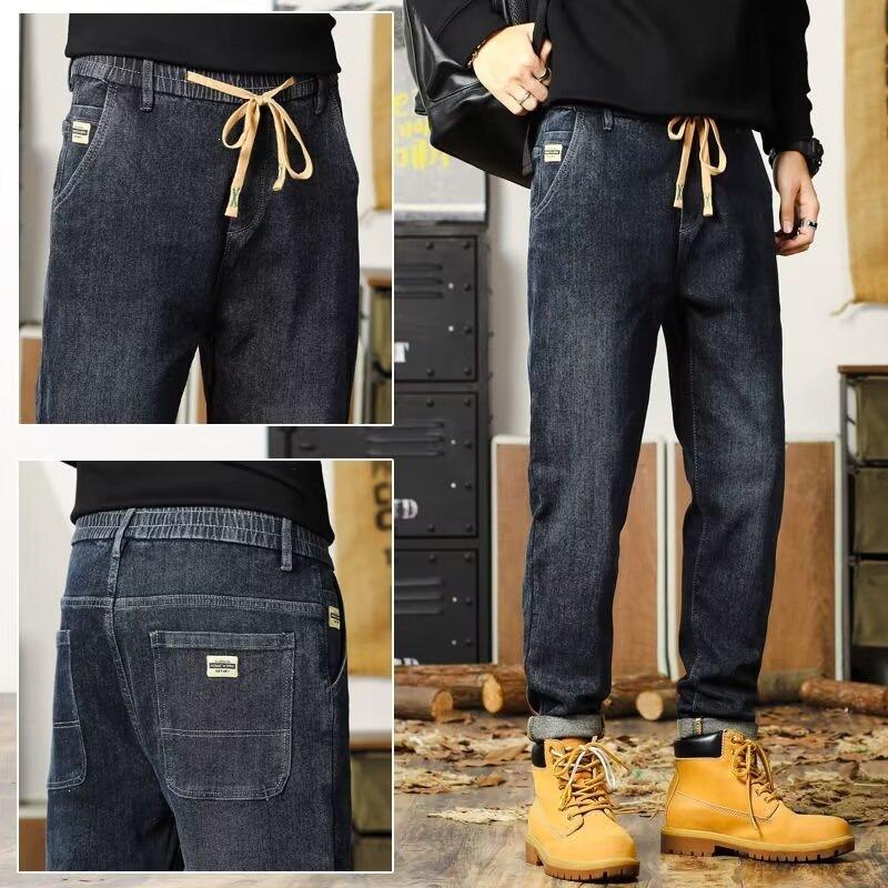 Autumn and winter elastic waist jeans men's drawstring trousers elastic micro-cone straight pants men's fashion pants