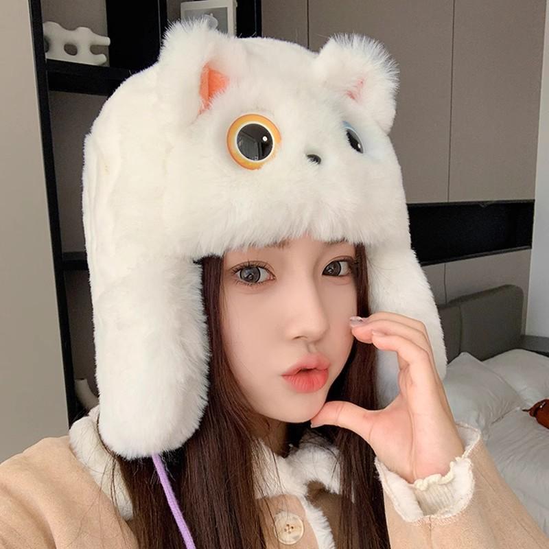 Warm female autumn and winter cold protection thickened ear protection hat plush hat cartoon big eyes cat ears pullover hat