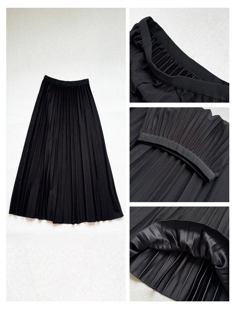 Korean Style Pleated A-Line Skirt for Women, High Waist, Slimming, Plus Size, Medium Long, Apricot - Autumn/Winter.