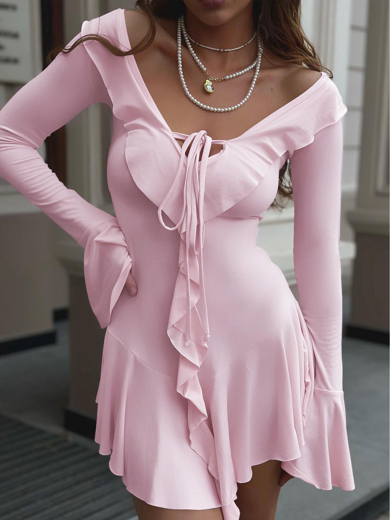 

2024 Autumn Elegant Slim Fit Ruffle Flare Sleeve Tie Dress for Women Medium розовый