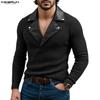 Autumn Men V Neck PU Patchwork Long Sleeve Rib Loose Fit Pullovers Tops Undershirts