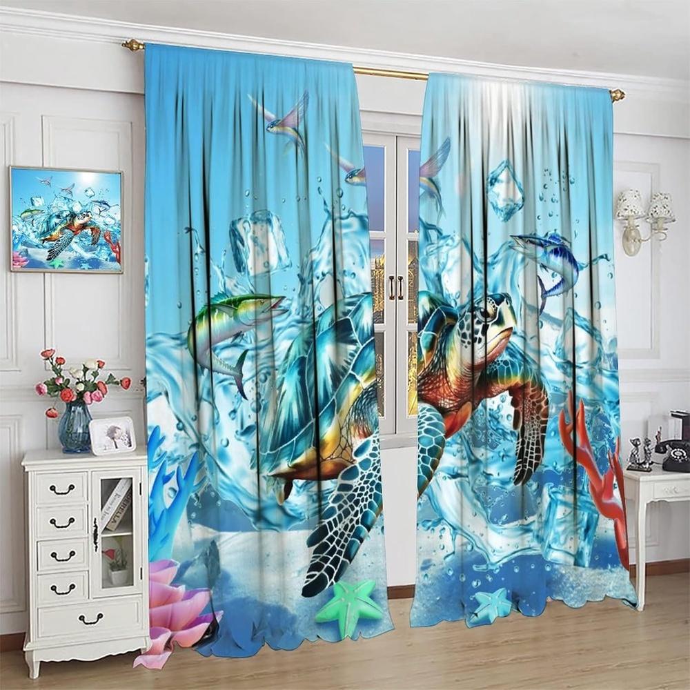2 Panels Summer Beach Sea Turtle Blackout Thermal Insulated Room Darkening Curtains - Turquoise Blue Ocean Fish & Starfish Desig